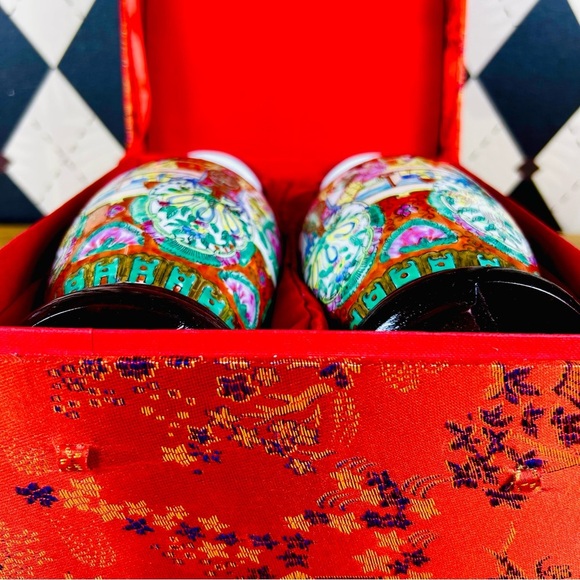 Rose Medallion Vase Pair Porcelain Hand-Painted w/ Stands & Red Presentation Box - Picture 8 of 14